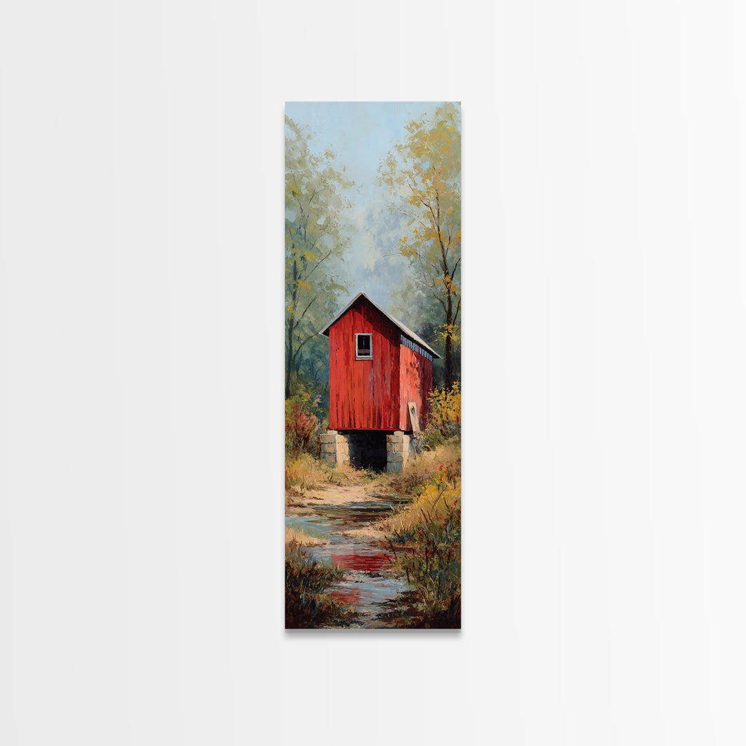 Covered Bridge over a Quiet Creek Framed Canvas Print, Country Art, Digital Art Prints, Farmhouse Decor, Fine Art, Country, COU-1x3-75
