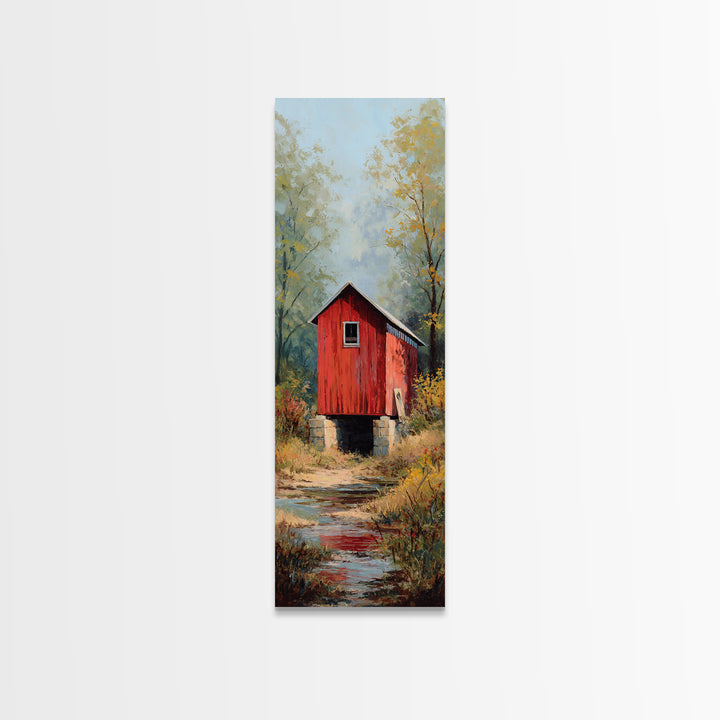 Covered Bridge over a Quiet Creek Framed Canvas Print, Country Art, Digital Art Prints, Farmhouse Decor, Fine Art, Country, COU-1x3-75