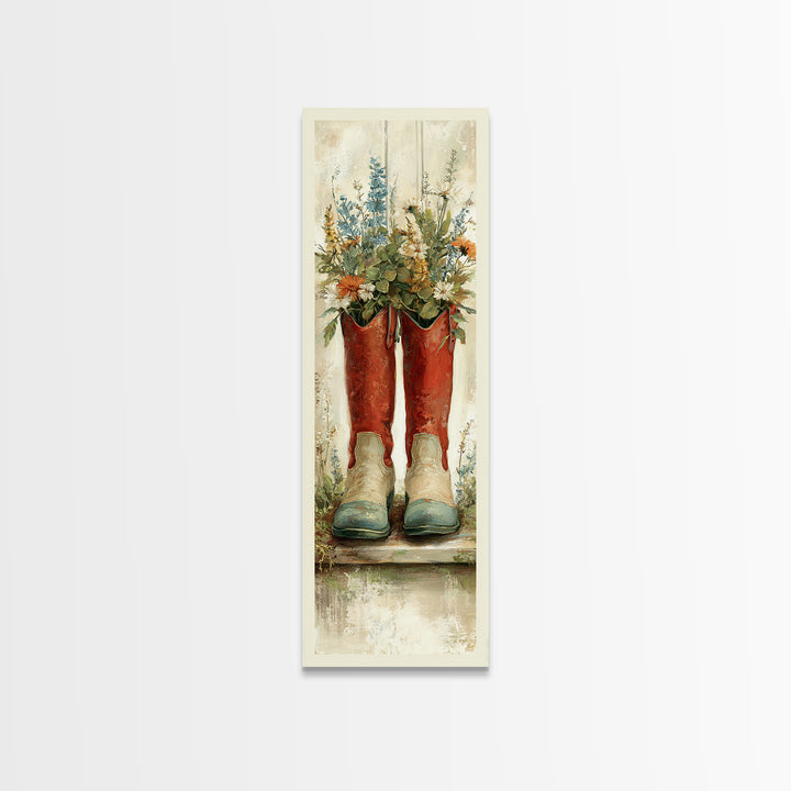 Weathered Boots with Wildflowers Tucked Inside Framed Canvas Print, Country Art, Digital Print, Farmhouse Decor, Country, COU-1x3-76