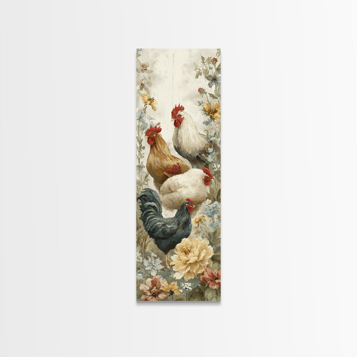 Chickens Pecking Near Garden Flowers Canvas Print, Country Art, Fine Art Print, Farmhouse Decor, Country, Digital Prints, COU-1x3-98