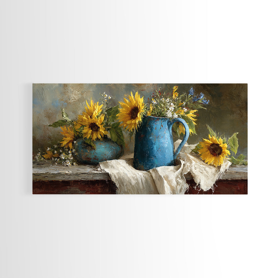 Sunflowers in a Blue Enamel Pitcher Framed Canvas Print, Country Art, Digital Art Prints, Farmhouse Decor, Oil Painting, COU-2x1-100