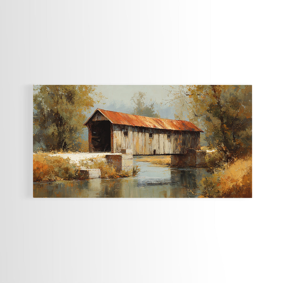 Covered Bridge over a Quiet Creek Framed Canvas Print, Country Art, Watercolor Painting, Farmhouse Decor, Fine Art, Country, COU-2x1-11