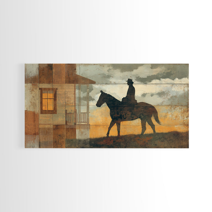 Horse and Rider Silhouette at Dusk Framed Canvas Print, Country Art, Minimalist Decor, Farmhouse Decor, Fine Art, Country, COU-2x1-13