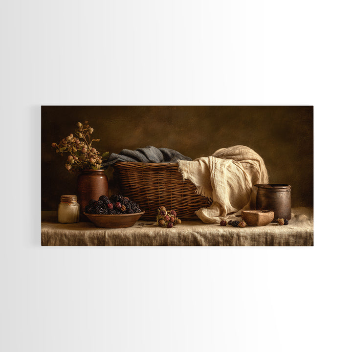 Blackberry Basket with Linen Cloth Canvas Print, Country Art, Contemporary Art, Farmhouse Decor, Abstract Art, Country, COU-2x1-17