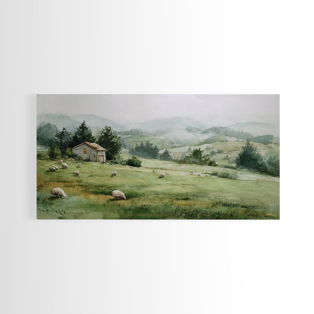 Watercolor Sheep in a Green Pasture Framed Canvas Print, Country Art, French Country, Farmhouse Decor, Fine Art, Country, COU-2x1-19