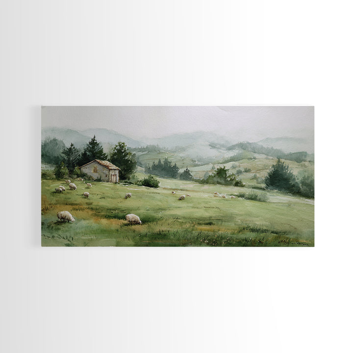 Watercolor Sheep in a Green Pasture Framed Canvas Print, Country Art, French Country, Farmhouse Decor, Fine Art, Country, COU-2x1-19