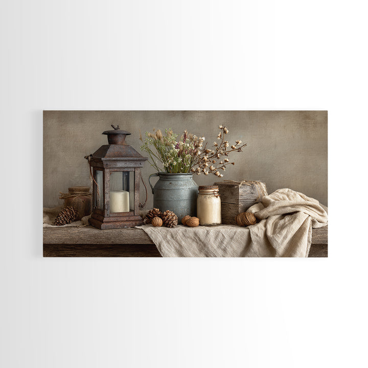 Old Lantern and Pinecones Still Life Framed Canvas Print, Country Art, Fine Art Print, Farmhouse Decor, Fine Art, Country, COU-2x1-20