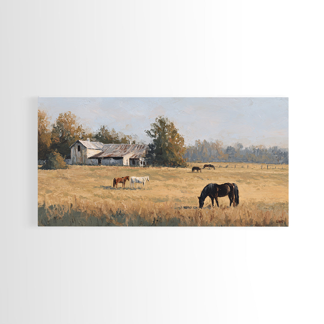 Rolling Pasture with Grazing Horses at Sunrise Canvas Print, Country Art, Wall Art, Farmhouse Decor, Oil Painting, Country, COU-2x1-21