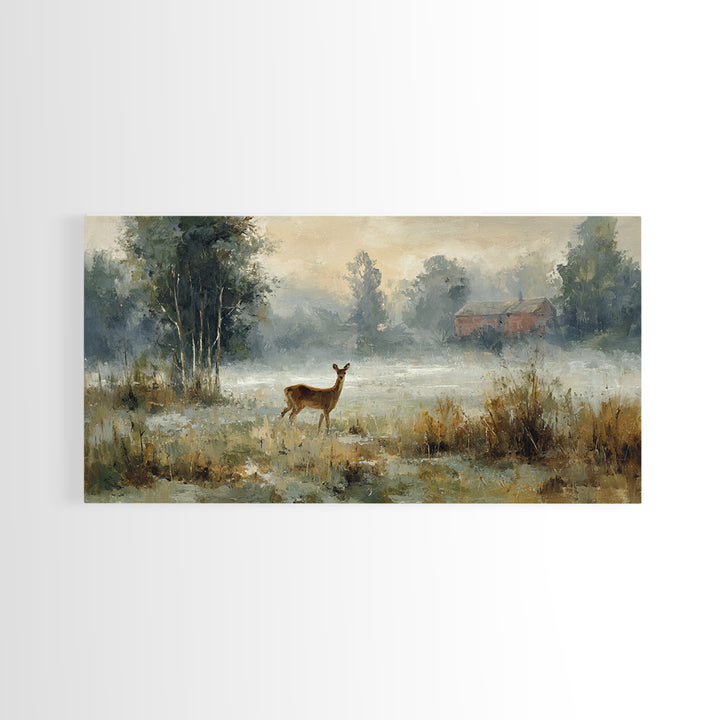 Deer Crossing a Misty Morning Field Canvas Print, Country Art, Original Painting, Farmhouse Decor, Fine Art, Country, COU-2x1-31