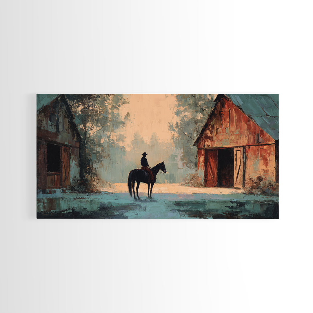 Horse and Rider Silhouette at Dusk Framed Canvas Print, Country Art, Minimalist Decor, Farmhouse Decor, Fine Art, Country, COU-2x1-37