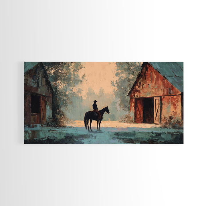 Horse and Rider Silhouette at Dusk Framed Canvas Print, Country Art, Minimalist Decor, Farmhouse Decor, Fine Art, Country, COU-2x1-37