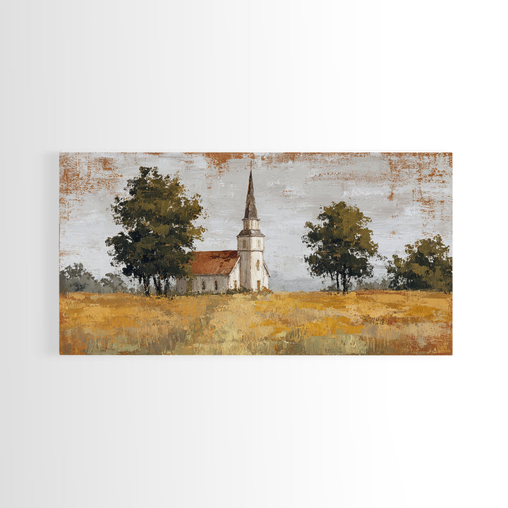 Country Church Steeple Beyond Trees Canvas Print, Country Art, Digital Prints, Farmhouse Decor, Oil Painting, Country, COU-2x1-39