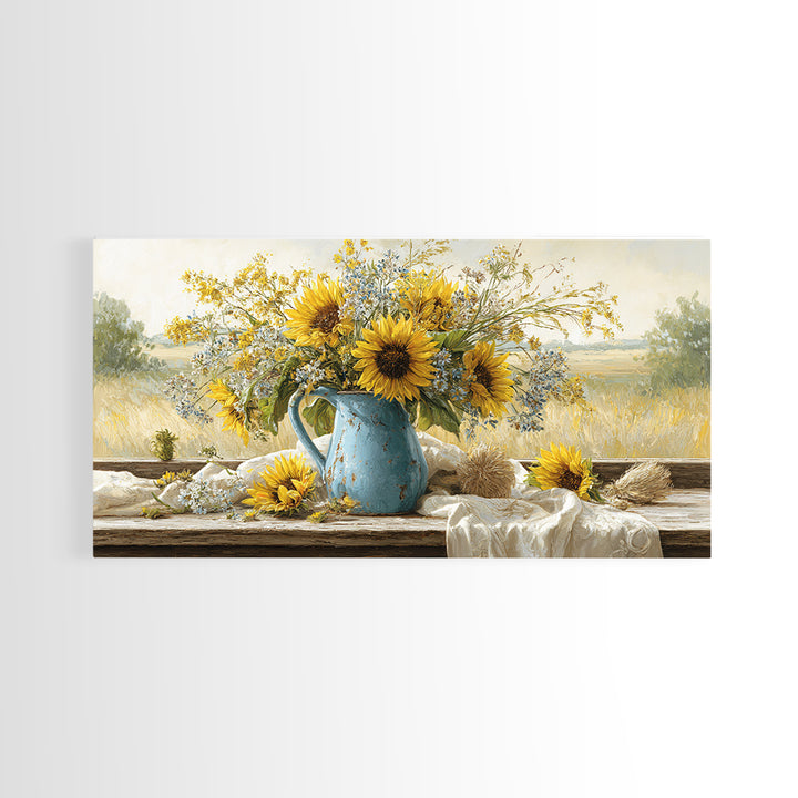 Sunflowers in a Blue Enamel Pitcher Canvas Print, Country Art, Boho Decor, Farmhouse Decor, Oil Painting, Country, Art Prints, COU-2x1-4
