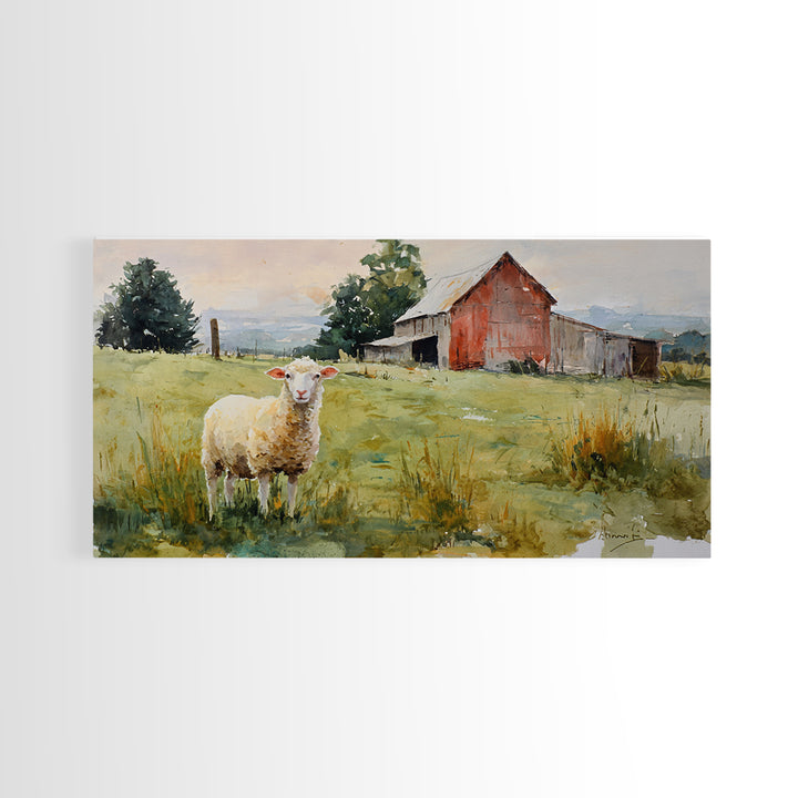 Watercolor Sheep in a Green Pasture Framed Canvas Print, Country Art, Art Prints, Farmhouse Decor, Fine Art, Country, COU-2x1-43