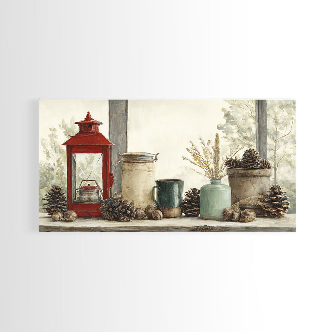 Old Lantern and Pinecones Still Life Canvas Print, Country Art, Textured Painting, Farmhouse Decor, Abstract Art, Country, COU-2x1-44