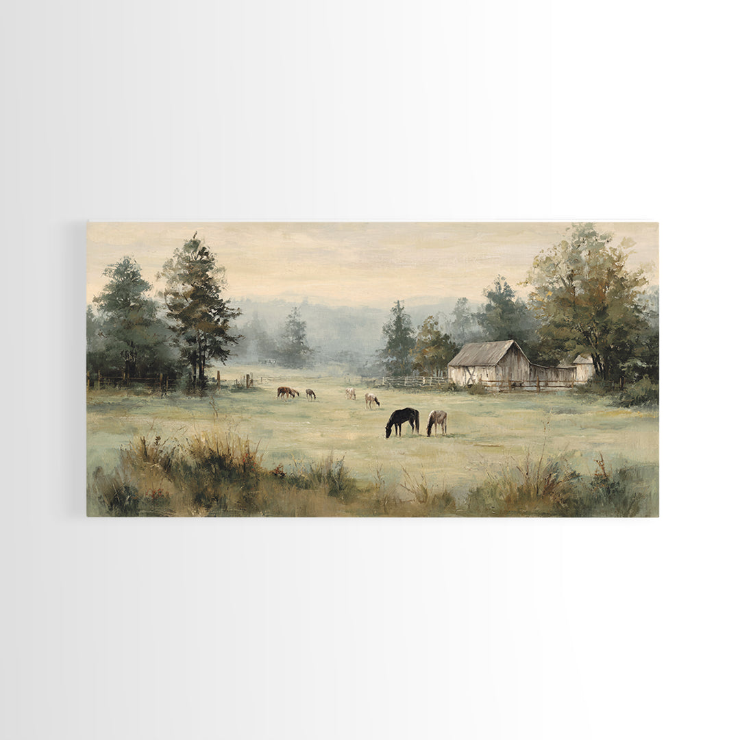 Rolling Pasture with Grazing Horses at Sunrise Framed Canvas Print, Country Art, Art Print, Farmhouse Decor, Fine Art, Country, COU-2x1-45