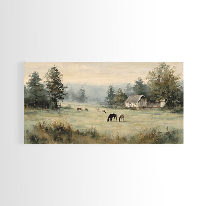 Rolling Pasture with Grazing Horses at Sunrise Framed Canvas Print, Country Art, Art Print, Farmhouse Decor, Fine Art, Country, COU-2x1-45