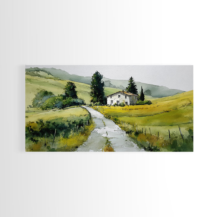 Country Road Disappearing into Green Hills Framed Canvas Print, Country Art, Farmhouse Decor, Watercolor Art, Country, COU-2x1-51