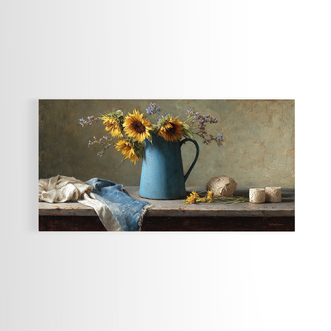 Sunflowers in a Blue Enamel Pitcher Canvas Print, Country Art, Digital Prints, Farmhouse Decor, Watercolor Art, Country, COU-2x1-52