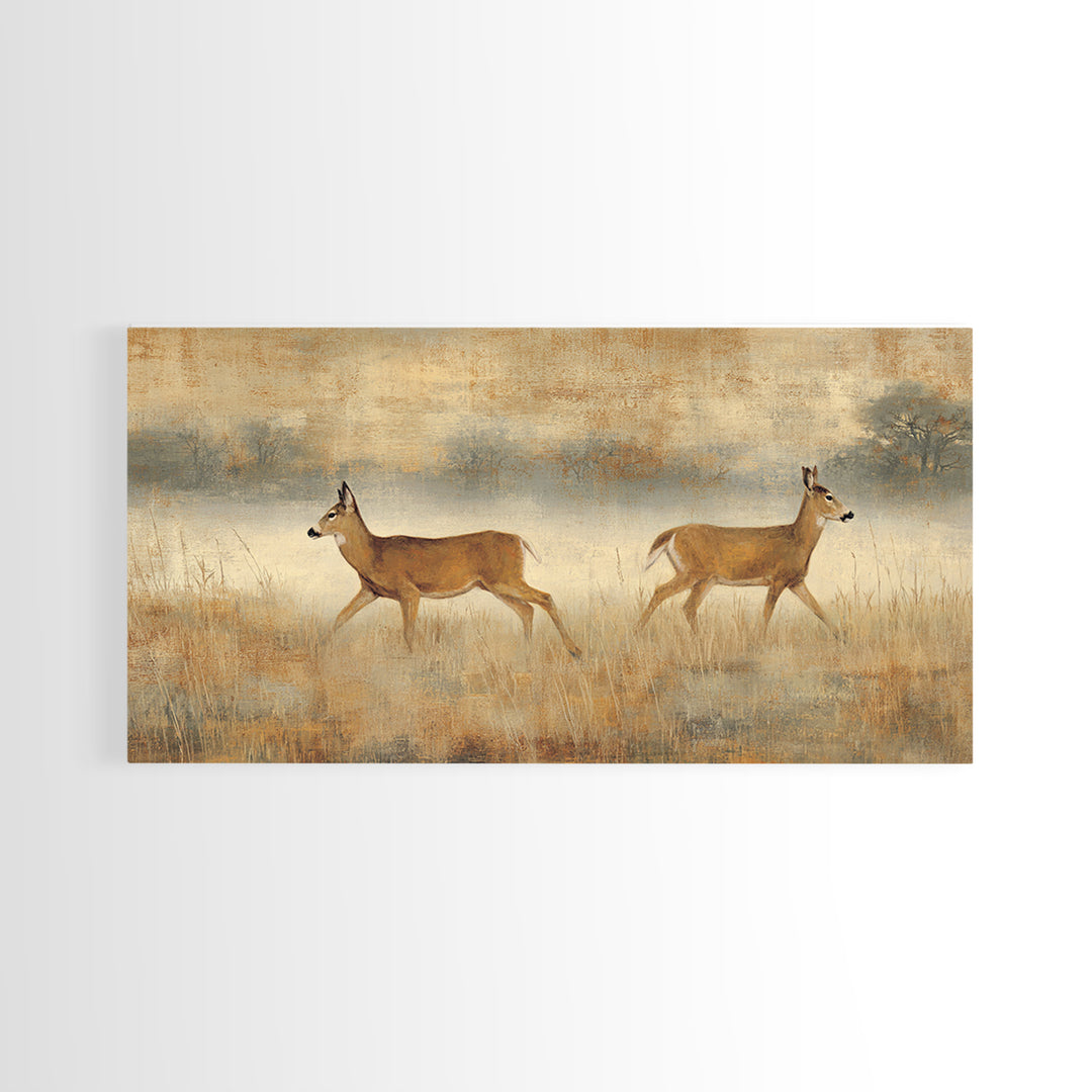 Deer Crossing a Misty Morning Field Framed Canvas Print, Country Art, Printable Art, Farmhouse Decor, Fine Art, Country, COU-2x1-55