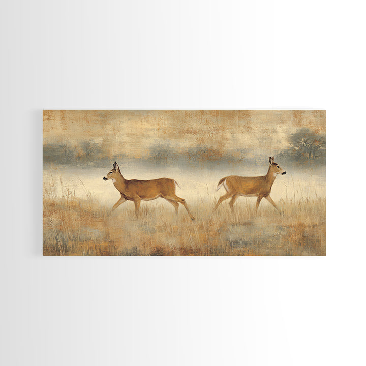 Deer Crossing a Misty Morning Field Framed Canvas Print, Country Art, Printable Art, Farmhouse Decor, Fine Art, Country, COU-2x1-55