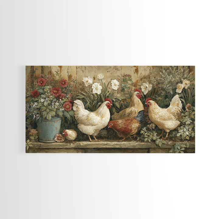 Chickens Pecking Near Garden Flowers Canvas Print, Country Art, Wall Art, Farmhouse Decor, Watercolor Art, Country, COU-2x1-58