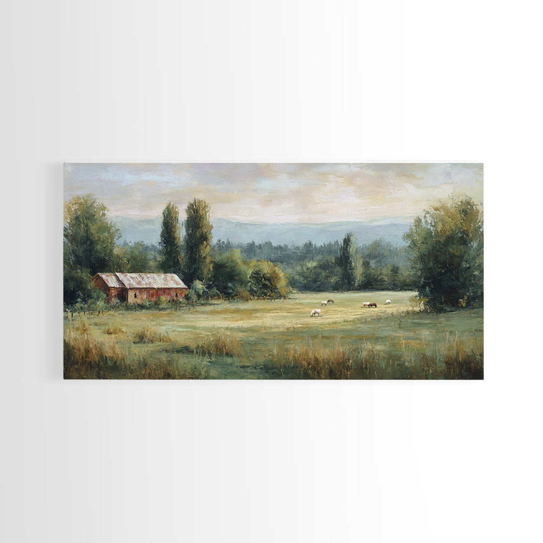 Rolling Pasture with Grazing Horses at Sunrise Canvas Print, Country Art, Large Wall Art, Farmhouse Decor, Fine Art, Country, COU-2x1-69