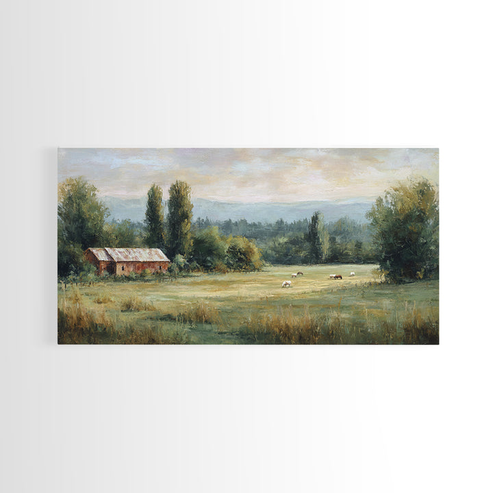 Rolling Pasture with Grazing Horses at Sunrise Canvas Print, Country Art, Large Wall Art, Farmhouse Decor, Fine Art, Country, COU-2x1-69
