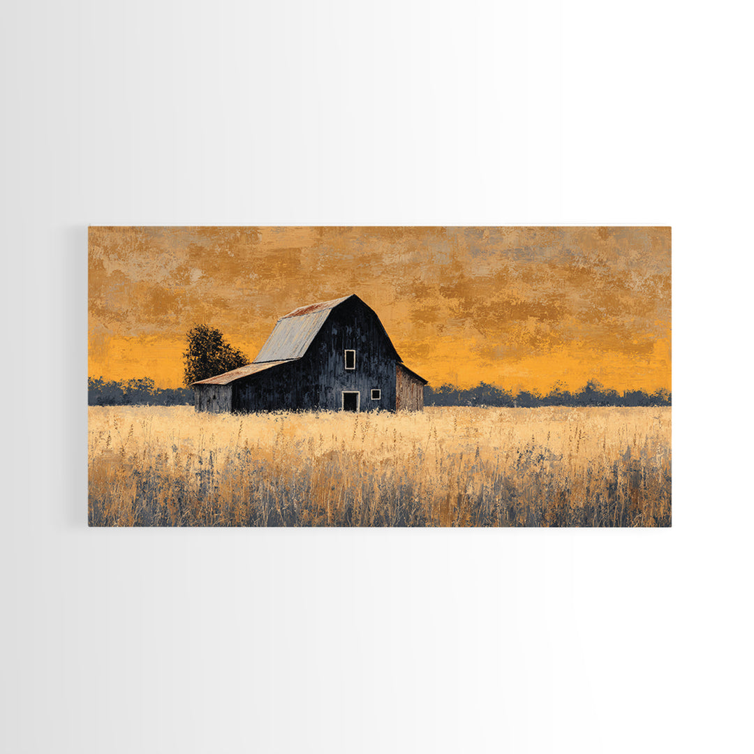 Rustic Barn Silhouette Canvas Print, Country Art, Landscape Painting, Farmhouse Decor, Abstract Art, Country, Statement Artwork, COU-2x1-71