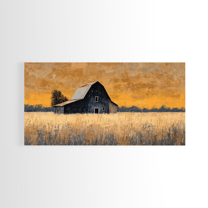 Rustic Barn Silhouette Canvas Print, Country Art, Landscape Painting, Farmhouse Decor, Abstract Art, Country, Statement Artwork, COU-2x1-71