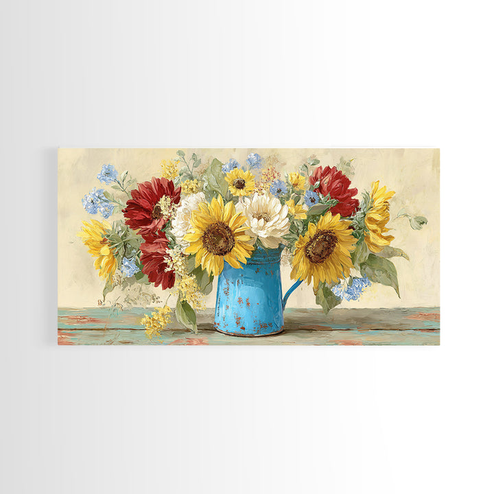 Sunflowers in a Blue Enamel Pitcher Canvas Print, Country Art, Farmhouse Decor, Country, Gallery Wall Art, Landscape Wall Art, COU-2x1-76