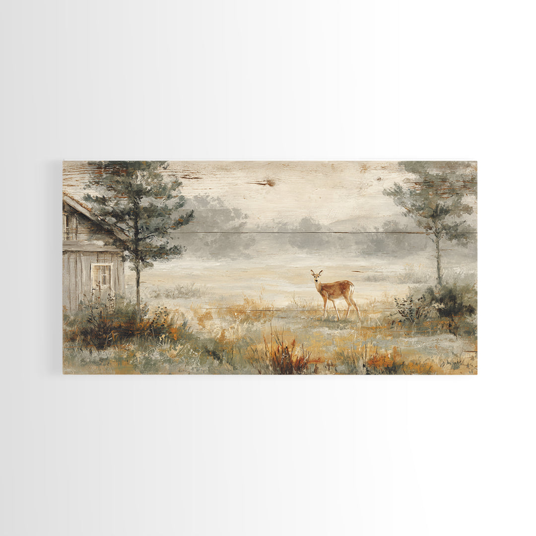 Deer Crossing a Misty Morning Field Framed Canvas Print, Country Art, French Country Decor, Farmhouse Decor, Fine Art, Country, COU-2x1-79