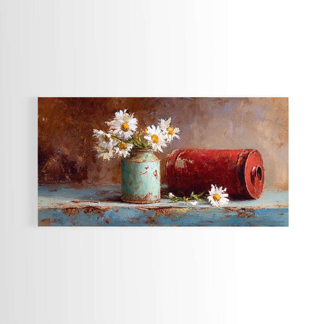 Milk Can and Daisies Rustic Still Life Framed Canvas Print, Country Art, Oil Painting, Farmhouse Decor, Watercolor Art, Country, COU-2x1-81