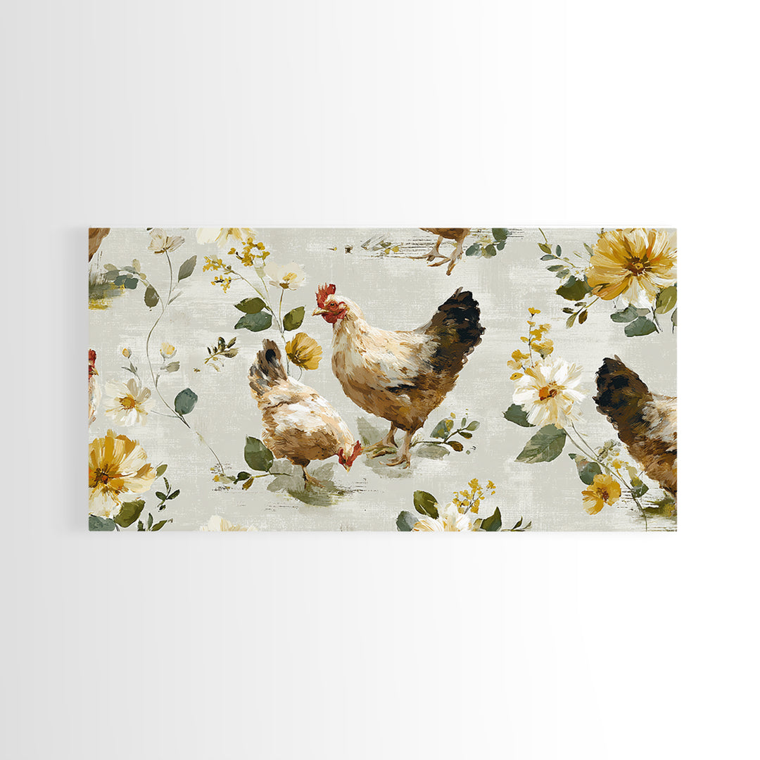 Chickens Pecking Near Garden Flowers Canvas Print, Country Art, Wall Art, Farmhouse Decor, Watercolor Art, Country, COU-2x1-82