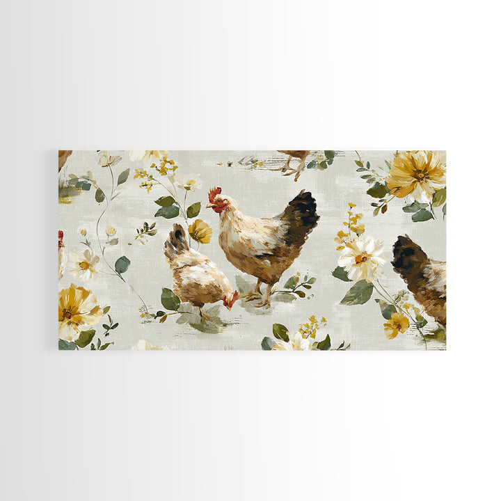 Chickens Pecking Near Garden Flowers Canvas Print, Country Art, Wall Art, Farmhouse Decor, Watercolor Art, Country, COU-2x1-82
