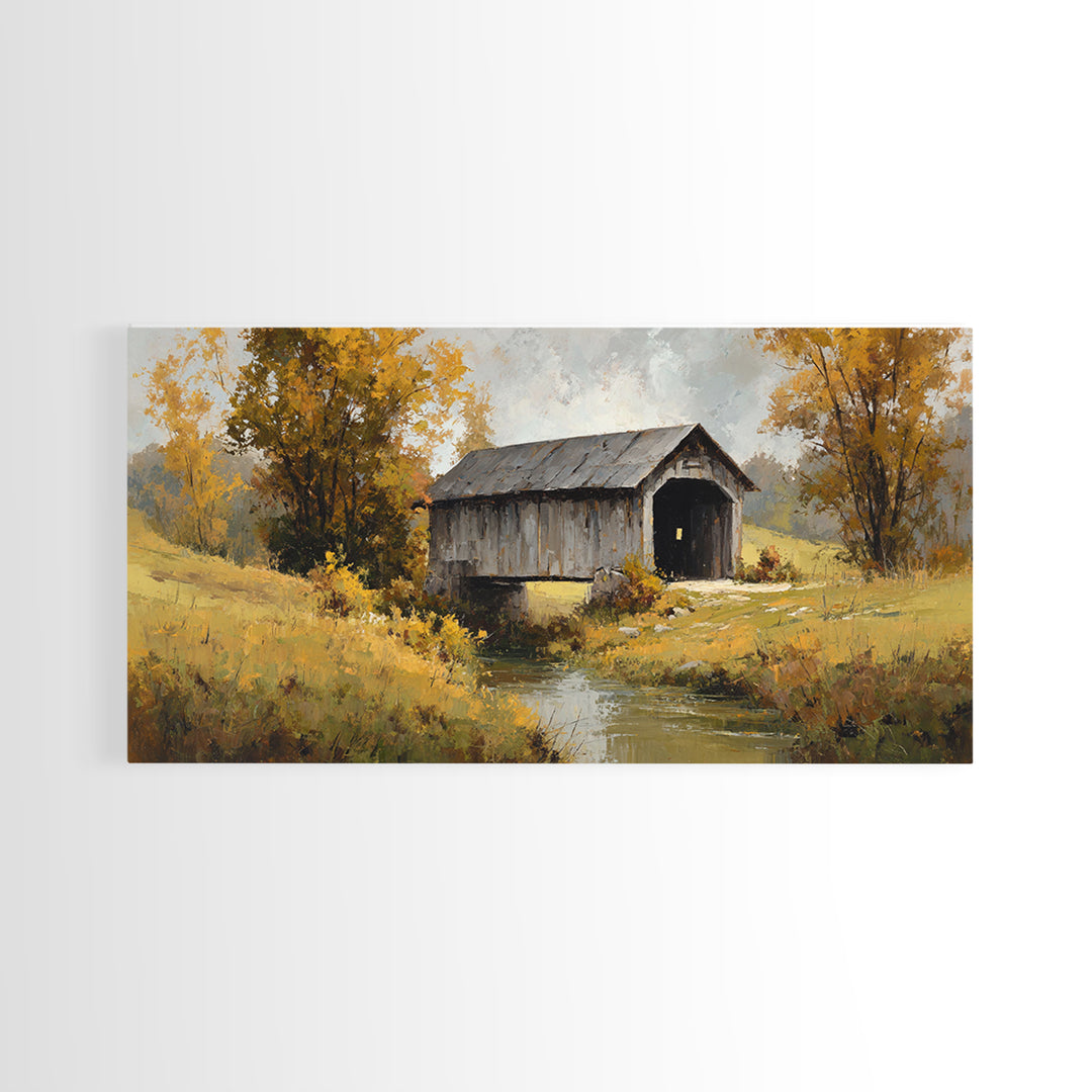 Covered Bridge over a Quiet Creek Framed Canvas Print, Country Art, Contemporary Art, Farmhouse Decor, Fine Art, Country, COU-2x1-83
