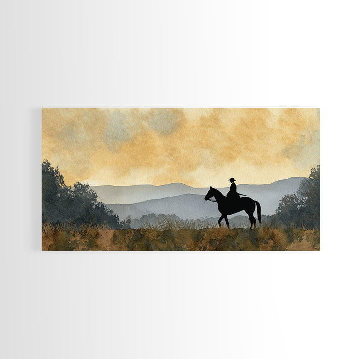 Horse and Rider Silhouette at Dusk Framed Canvas Print, Country Art, Digital Wall Art, Farmhouse Decor, Fine Art, Country, COU-2x1-85