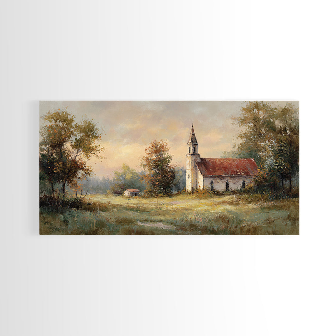Country Church Steeple Beyond Trees Framed Canvas Print, Country Art, Digital Art Prints, Farmhouse Decor, Fine Art, Country, COU-2x1-87