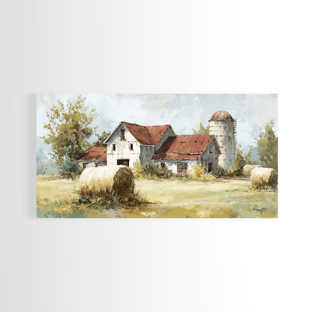 Hay Bales in Late Afternoon Sun Framed Canvas Print, Country Art, Digital Print, Farmhouse Decor, Country, French Country, COU-2x1-88