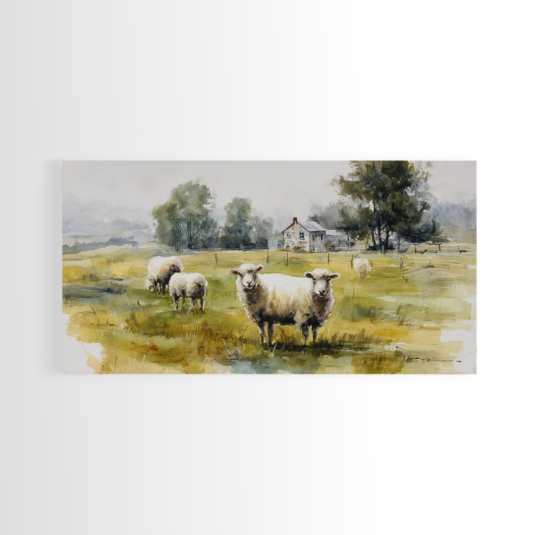 Watercolor Sheep in a Green Pasture Framed Canvas Print, Country Art, Printable Wall Art, Farmhouse Decor, Fine Art, Country, COU-2x1-91