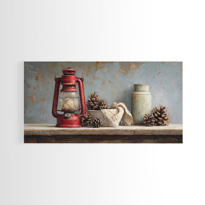 Old Lantern and Pinecones Still Life Framed Canvas Print, Country Art, Printable Art, Farmhouse Decor, Oil Painting, Country, COU-2x1-92