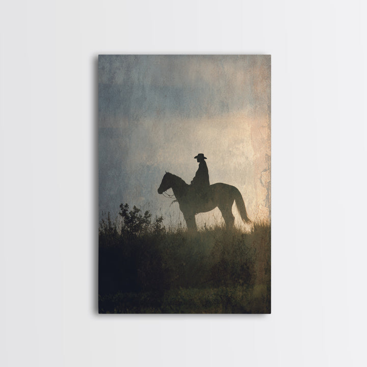 Horse and Rider Silhouette at Dusk Framed Canvas Print, Country Art, Wall Art, Farmhouse Decor, Fine Art, Country, COU-2x3-1