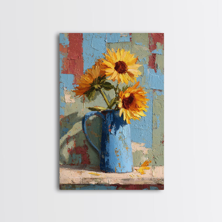 Sunflowers in a Blue Enamel Pitcher Canvas Print, Country Art, Floral Wall Art, Farmhouse Decor, Country, Fine Art Print, COU-2x3-16