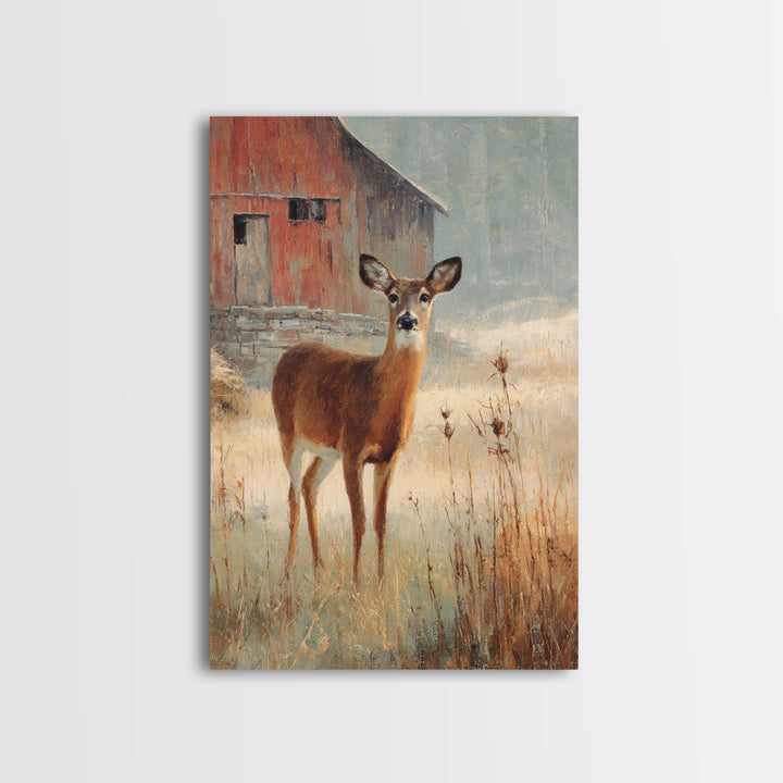 Deer Crossing a Misty Morning Field Framed Canvas Print, Country Art, Wall Decor, Farmhouse Decor, Fine Art, Country, COU-2x3-19