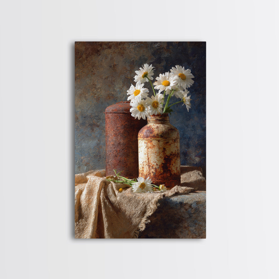 Milk Can and Daisies Rustic Still Life Framed Canvas Print, Country Art, Farmhouse Decor, Oil Painting, Country, COU-2x3-21