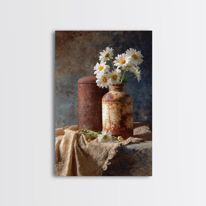 Milk Can and Daisies Rustic Still Life Framed Canvas Print, Country Art, Farmhouse Decor, Oil Painting, Country, COU-2x3-21