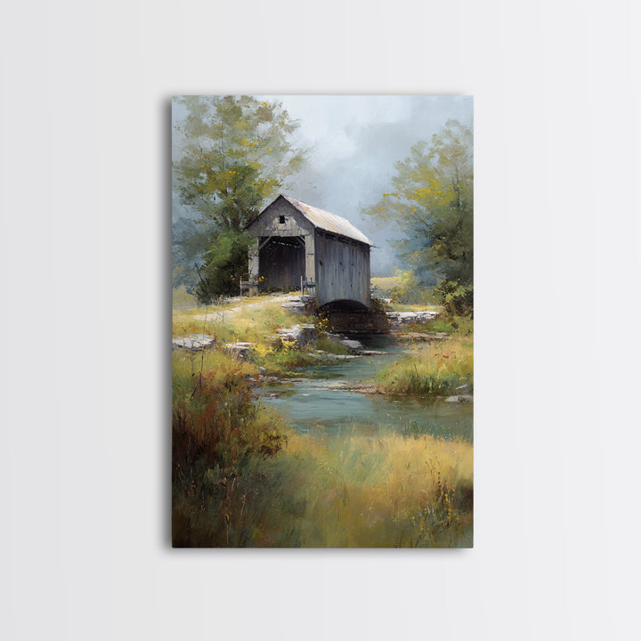 Covered Bridge over a Quiet Creek Canvas Print, Country Art, Luxury Decor, Farmhouse Decor, Fine Art, Country, COU-2x3-23