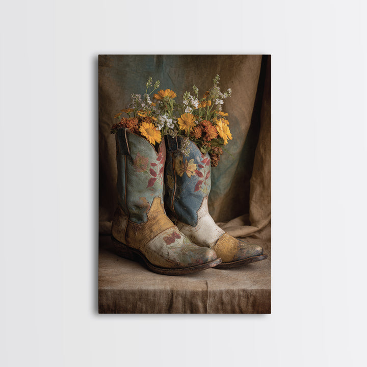 Weathered Boots with Wildflowers Tucked Inside Canvas Print, Country Art, Eclectic Wall Art, Farmhouse Decor, Country, COU-2x3-24