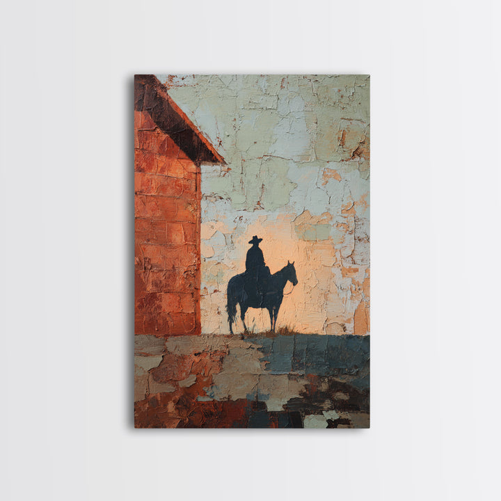 Horse and Rider Silhouette at Dusk Framed Canvas Print, Country Art, Wall Art, Farmhouse Decor, Fine Art, Country, COU-2x3-25