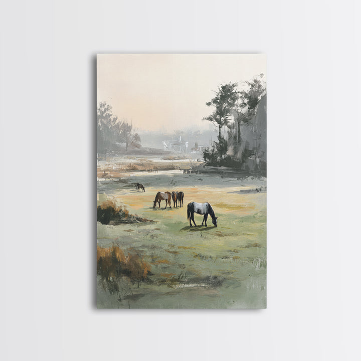 Rolling Pasture with Grazing Horses at Sunrise Canvas Print, Country Art, Original Painting, Farmhouse Decor, Country, COU-2x3-33